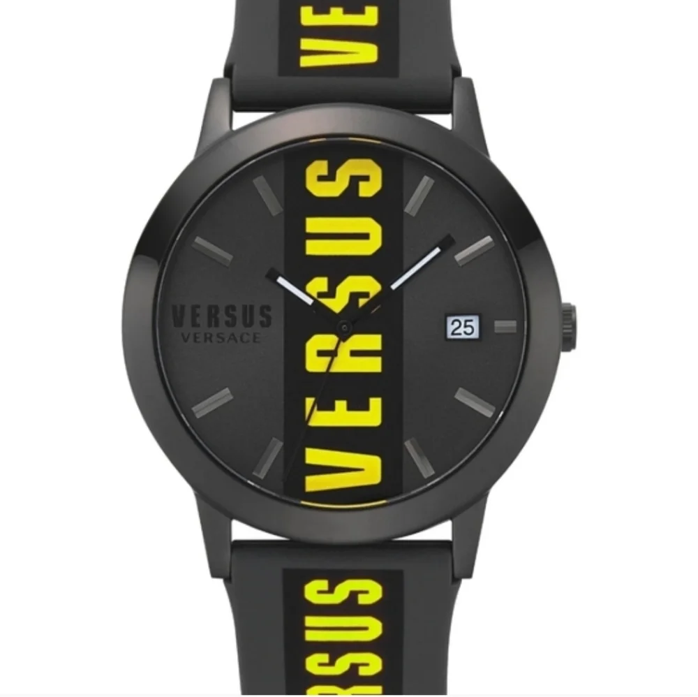 Versus Versace Mens Black & Yellow Logo Strap Watch New